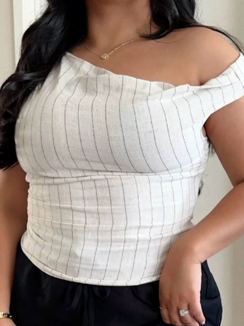 Mustard Seed Off-Shoulder Ribbed Pinstripe Crop Top - White